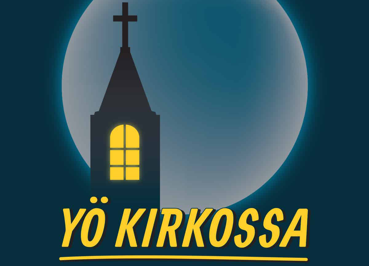 Yö kirkossa -tapahtuman mainoskuva. Pimeässä valo loistaa piirretyn kirkon ikkunasta. Teksti Yö kirkossa.
