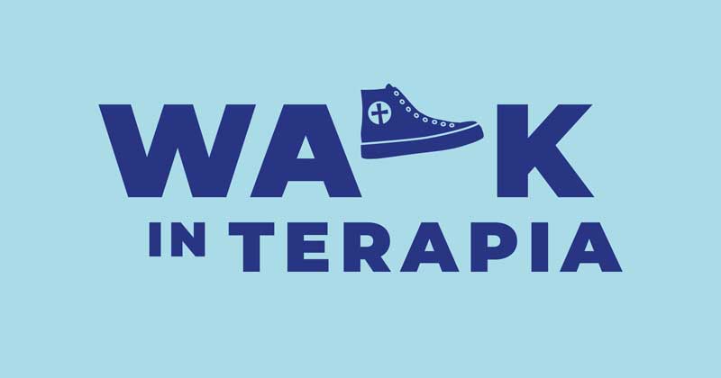 Sinisellä pohjalla teksti Walk in -terapia ja kengän kuva.