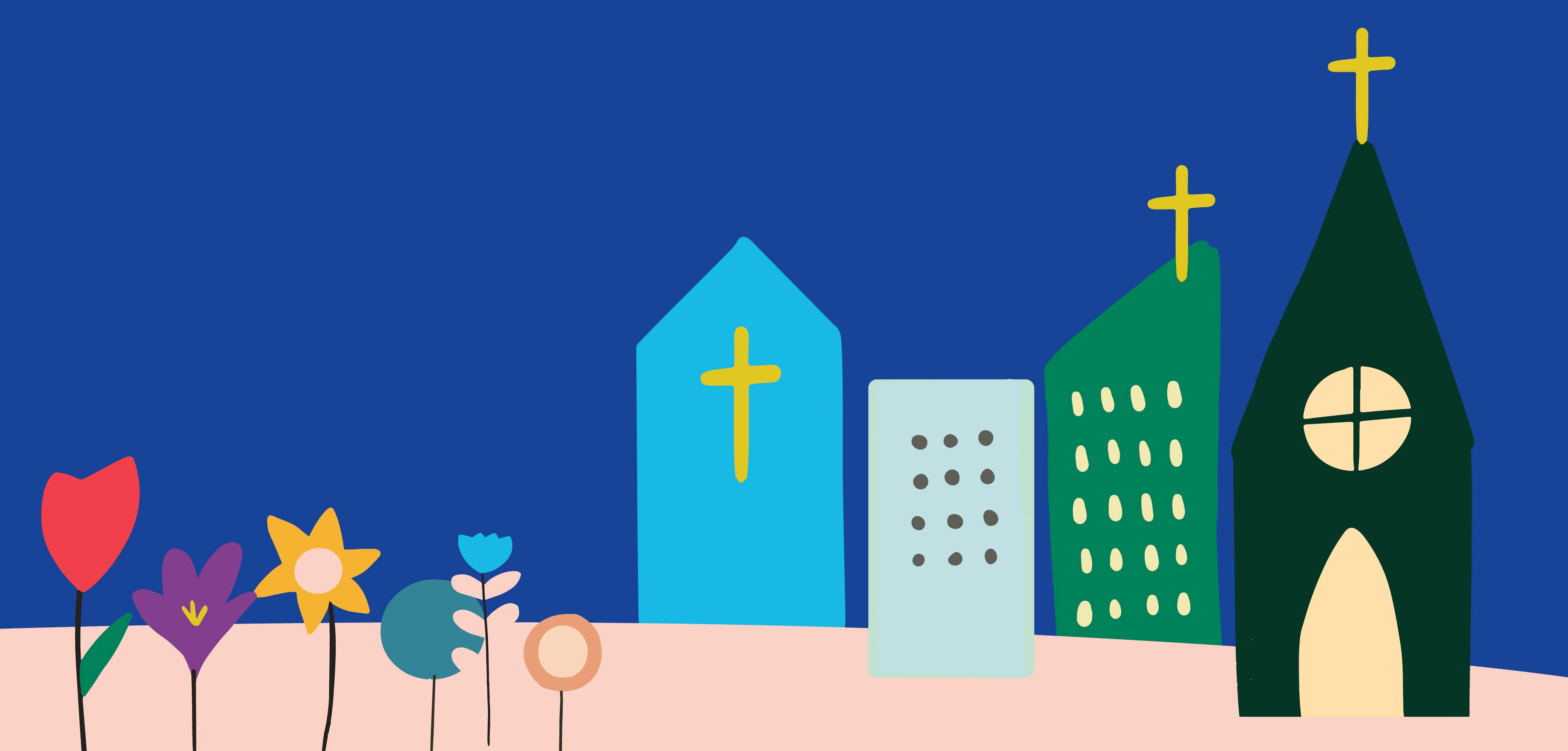 Vantaan seurakuntien pääsiäisilmeen piirroskuva  kirkoista  ja kukista sinisellä pohjalla.