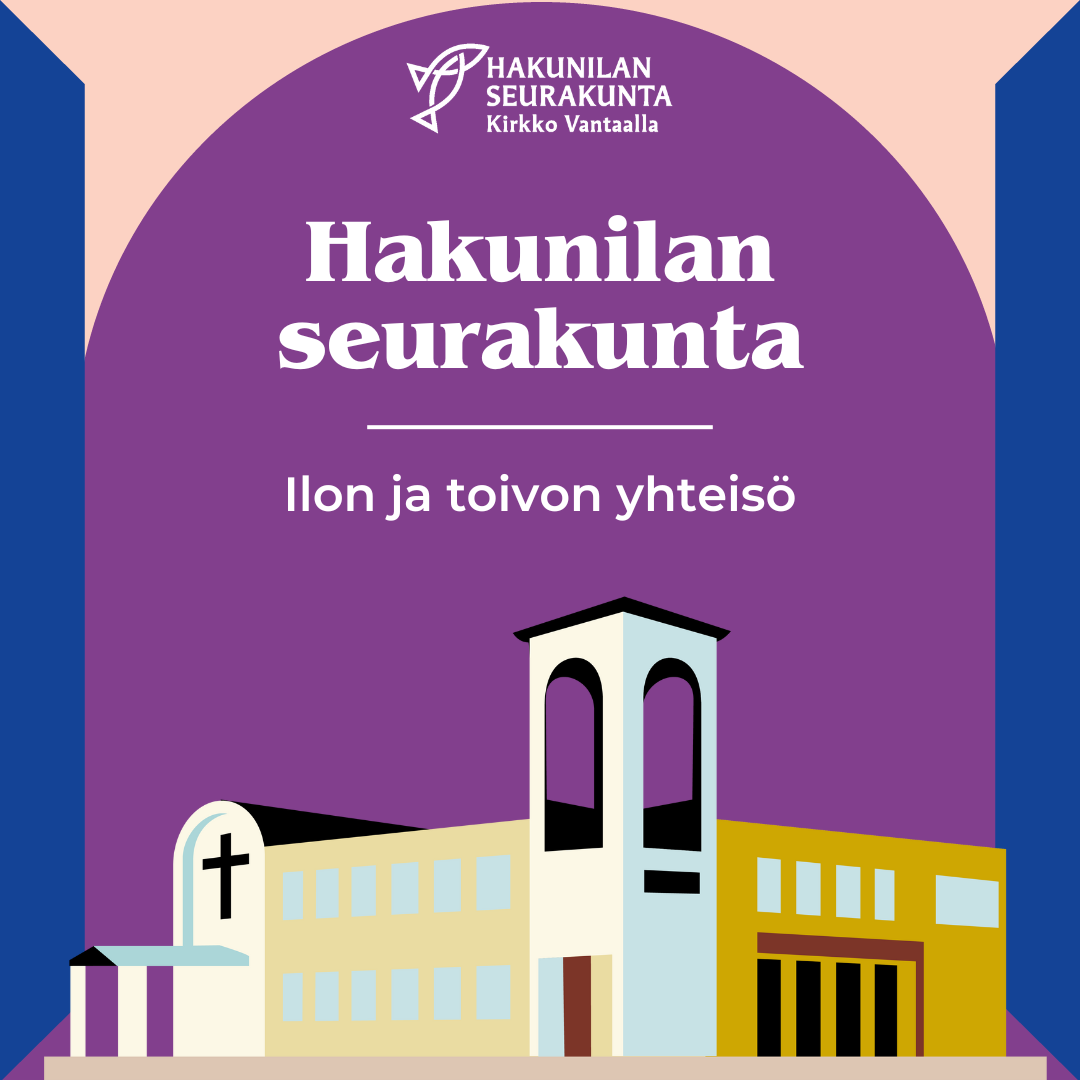 Piirretty kuva Hakunilan kirkosta violetilla taustalla.